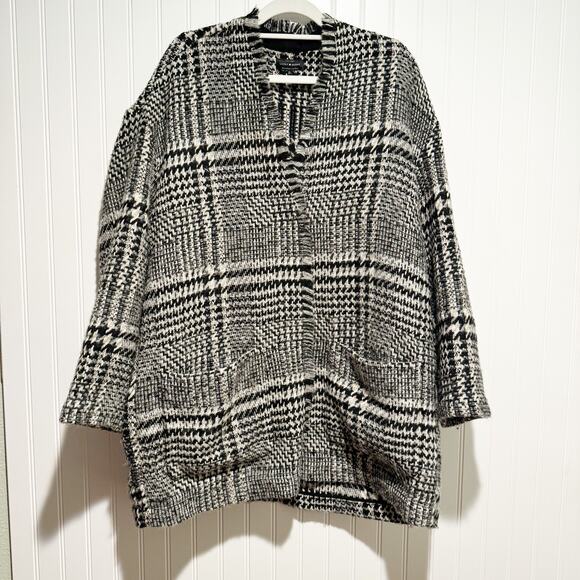 Lucky Brand Black White Tweed Jacket Wool Blend Fringed Edges Size XL - Picture 1 of 6